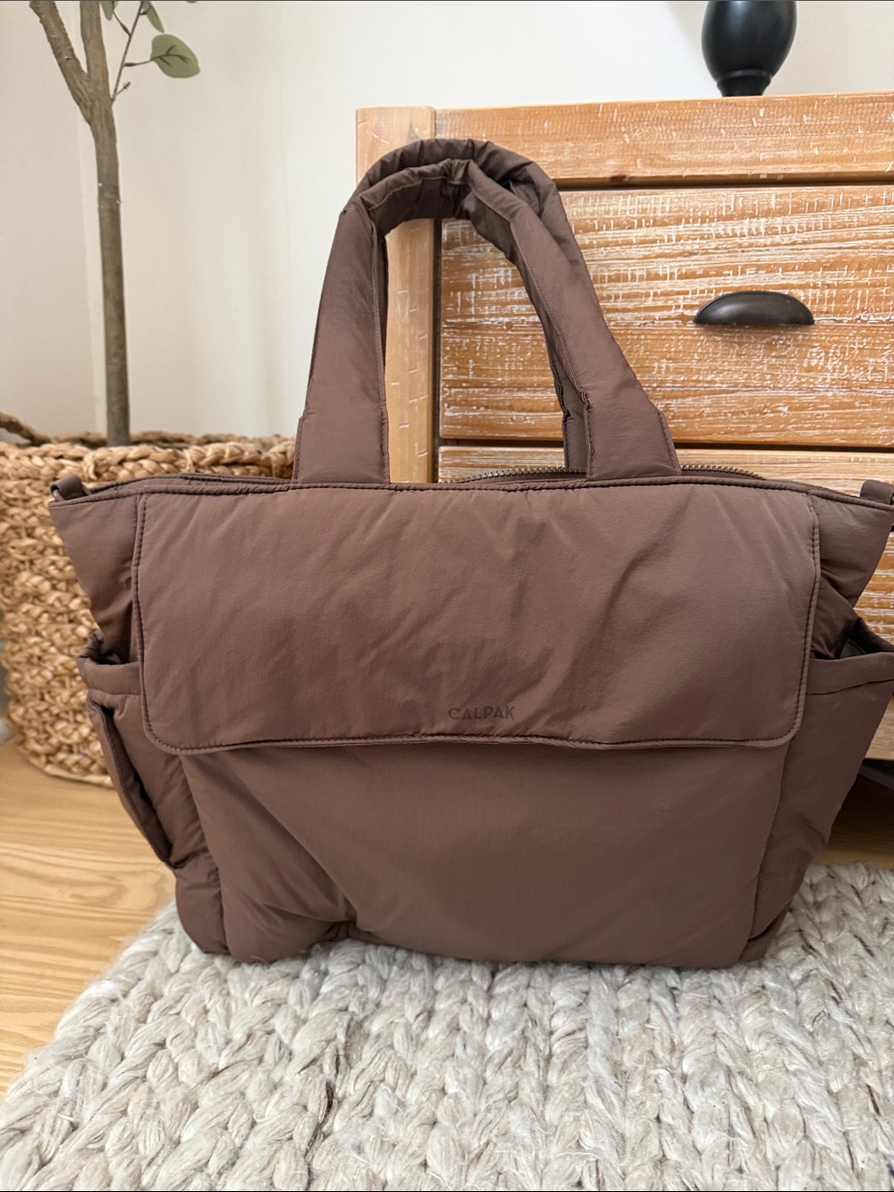 Calpak Quilted Chocolate Brown Baby Tote